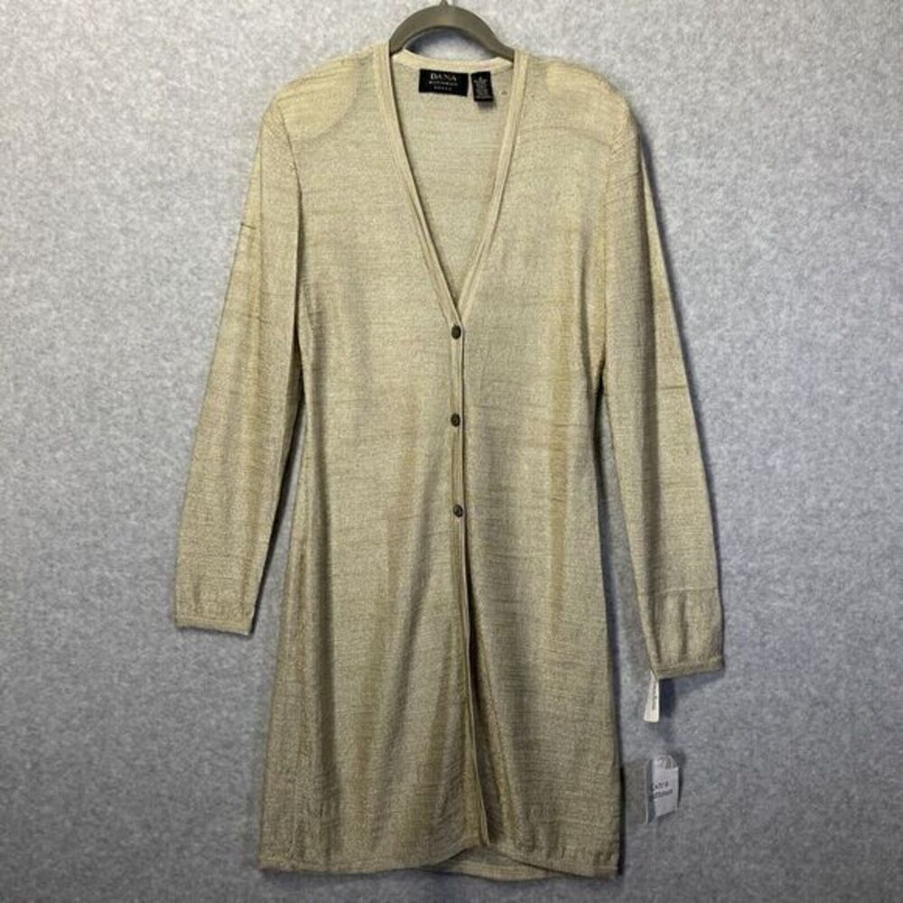 VTG Dana Buchman Women M Metallic Cardigan Duster Shirt Dress Lagenlook Gold